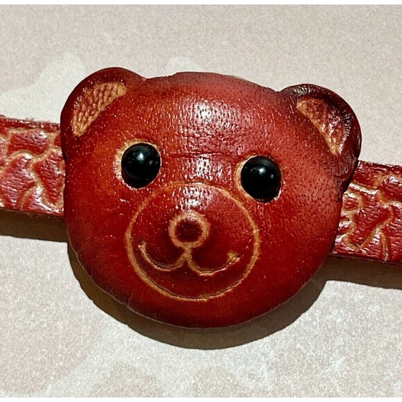 Red Leather Teddy Bear Face Bracelet Boho Floral Tooled Embossed Southwestern - Picture 9 of 12